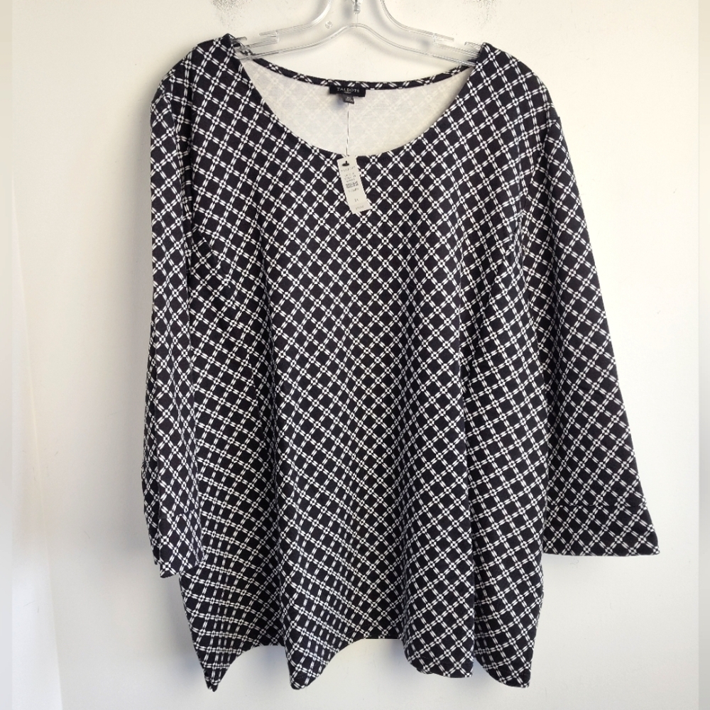 NWT Talbots Top black geometric print cotton pearl button cuffs classic work 3X